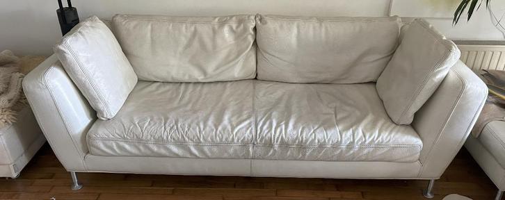 wit leren 3-zitsbank, Huis en Inrichting, Banken | Bankstellen, Gebruikt, Rechte bank, Tweepersoons, 200 tot 250 cm, 75 tot 100 cm