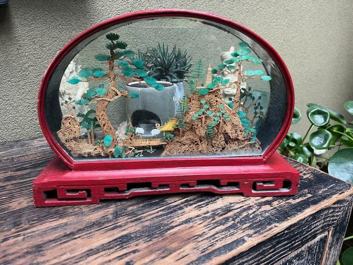 Chinees kurk diorama achter glas houtsnijwerk voet chinese, Antiek en Kunst, Kunst | Niet-Westerse kunst, Ophalen of Verzenden