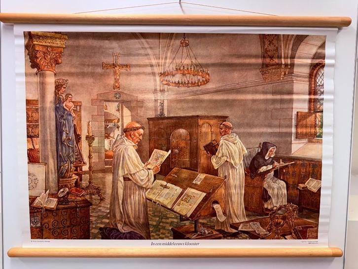 Historische schoolplaat Middeleeuws klooster, Antiek en Kunst, Antiek | Schoolplaten, Geschiedenis, Ophalen of Verzenden