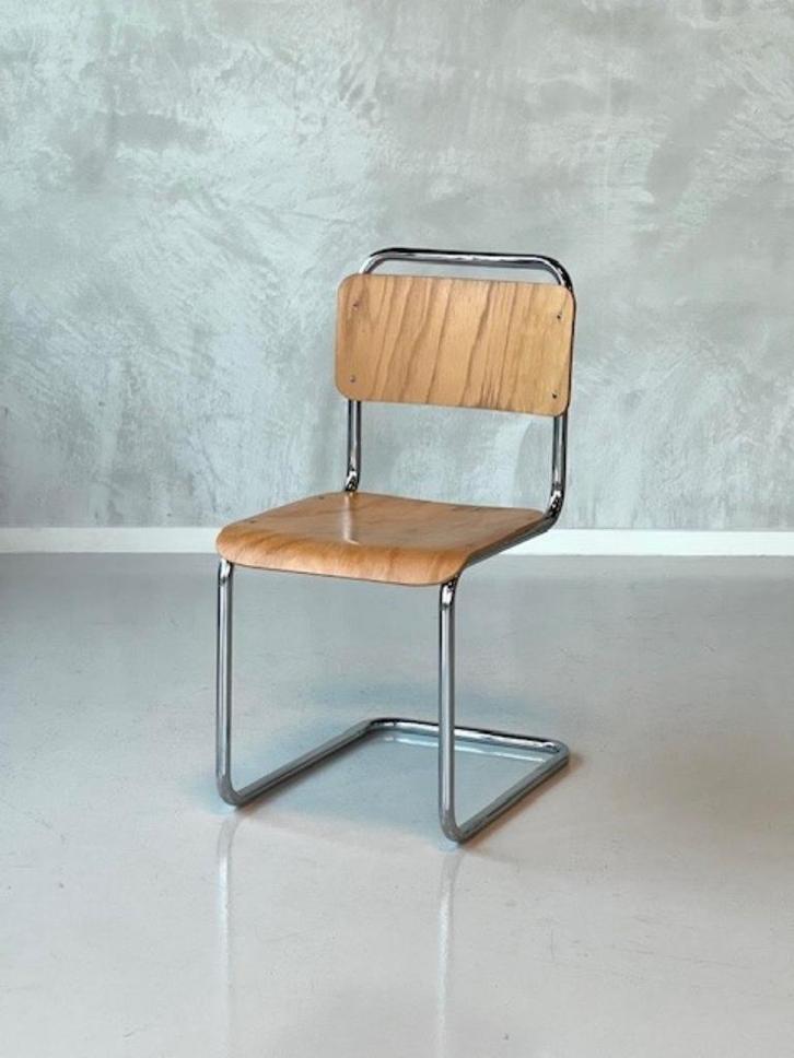 Gispen 101 eetkamerstoel vintage sledestoel buisframestoel, Huis en Inrichting, Stoelen, Gebruikt, Eén, Hout, Metaal, Bruin, Ophalen of Verzenden