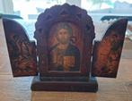 antiek houten drieluik icoon van Jezus Christus, Ophalen of Verzenden