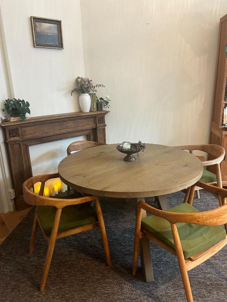 4x teakhouten design eetkamerstoelen met groene kussens, Huis en Inrichting, Stoelen, Zo goed als nieuw, Vier, Hout, Bruin, Ophalen