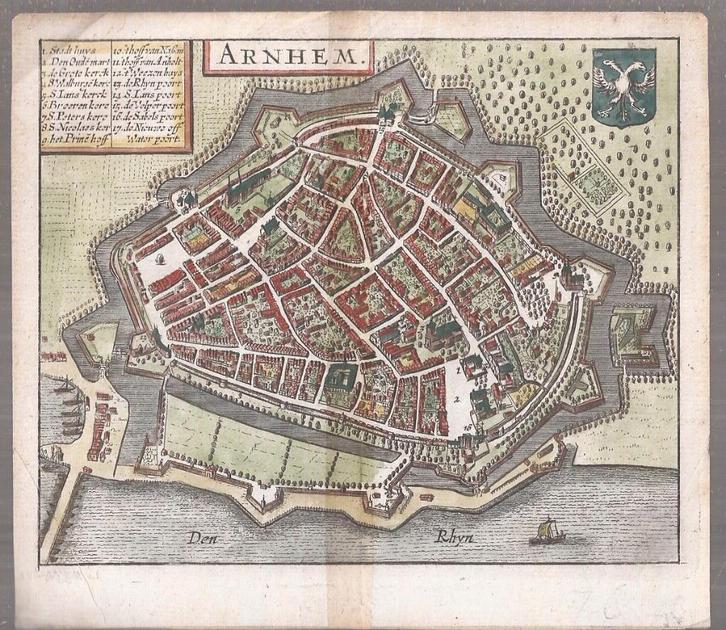 Arnhem Plattegrond Guicciardini 1660 Ingekleurd Kopergravure, Antiek en Kunst, Kunst | Etsen en Gravures, Ophalen of Verzenden