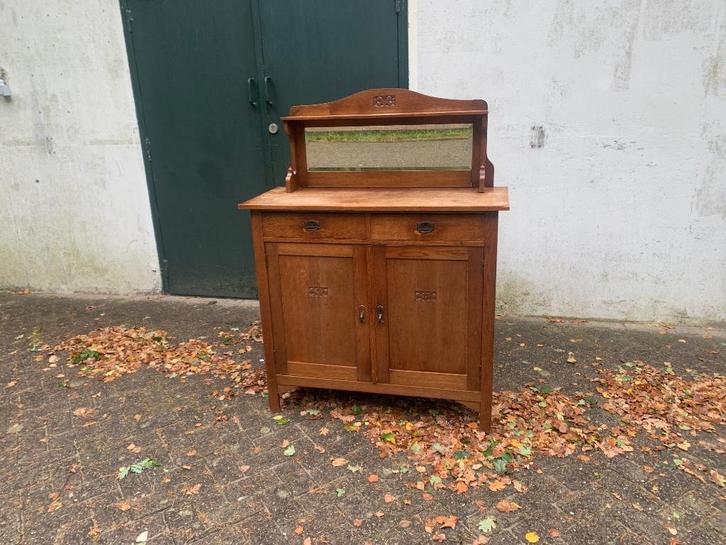 Antiek houten kastje met spiegel, Verzamelen, Retro, Huis en Inrichting, Ophalen