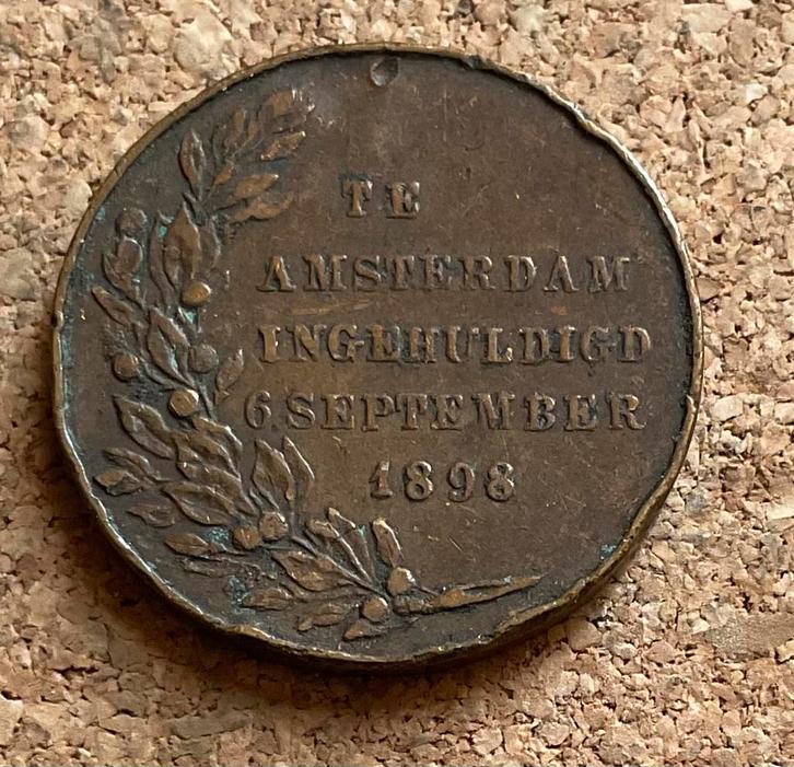 Penning - Ned. Inhuldiging van Wilhelmina te Amsterdam 1898, Postzegels en Munten, Penningen en Medailles, Overige materialen