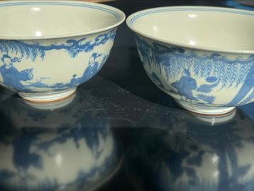 2 Chinees porcelain blauw-witte scholar scene kom D15cm beschikbaar voor biedingen