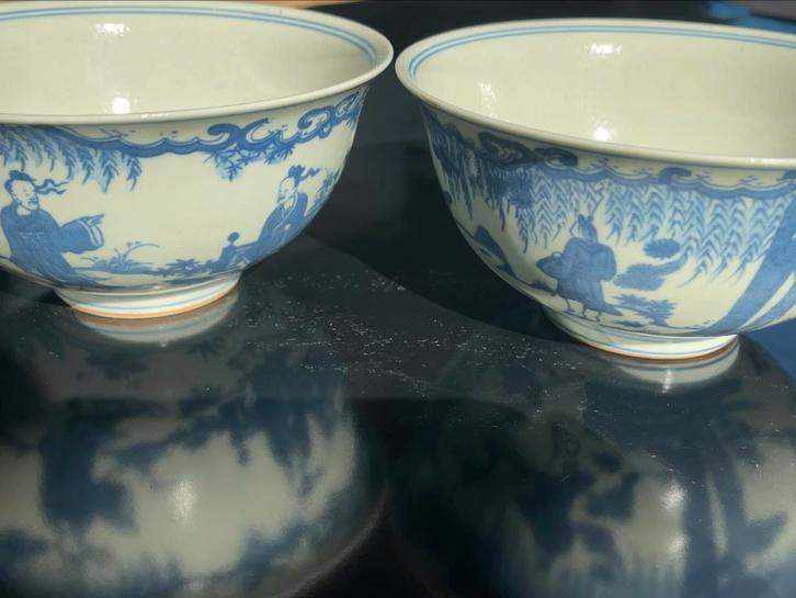 2 Chinees porcelain blauw-witte scholar scene kom D15cm, Antiek en Kunst, Antiek | Porselein, Ophalen of Verzenden