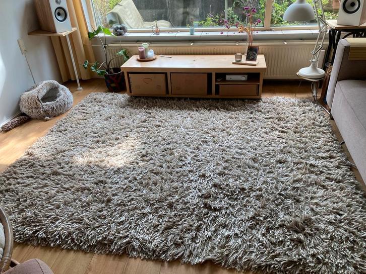 Wollen vloerkleed taupe en gebroken wit, Huis en Inrichting, Stoffering | Tapijten en Kleden, Gebruikt, 200 cm of meer, Rechthoekig
