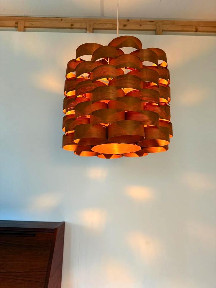 Vintage lamellen hanglamp Hans Agne Jakobbson ‘60, Huis en Inrichting, Lampen | Hanglampen, Zo goed als nieuw, 75 cm of meer, Hout