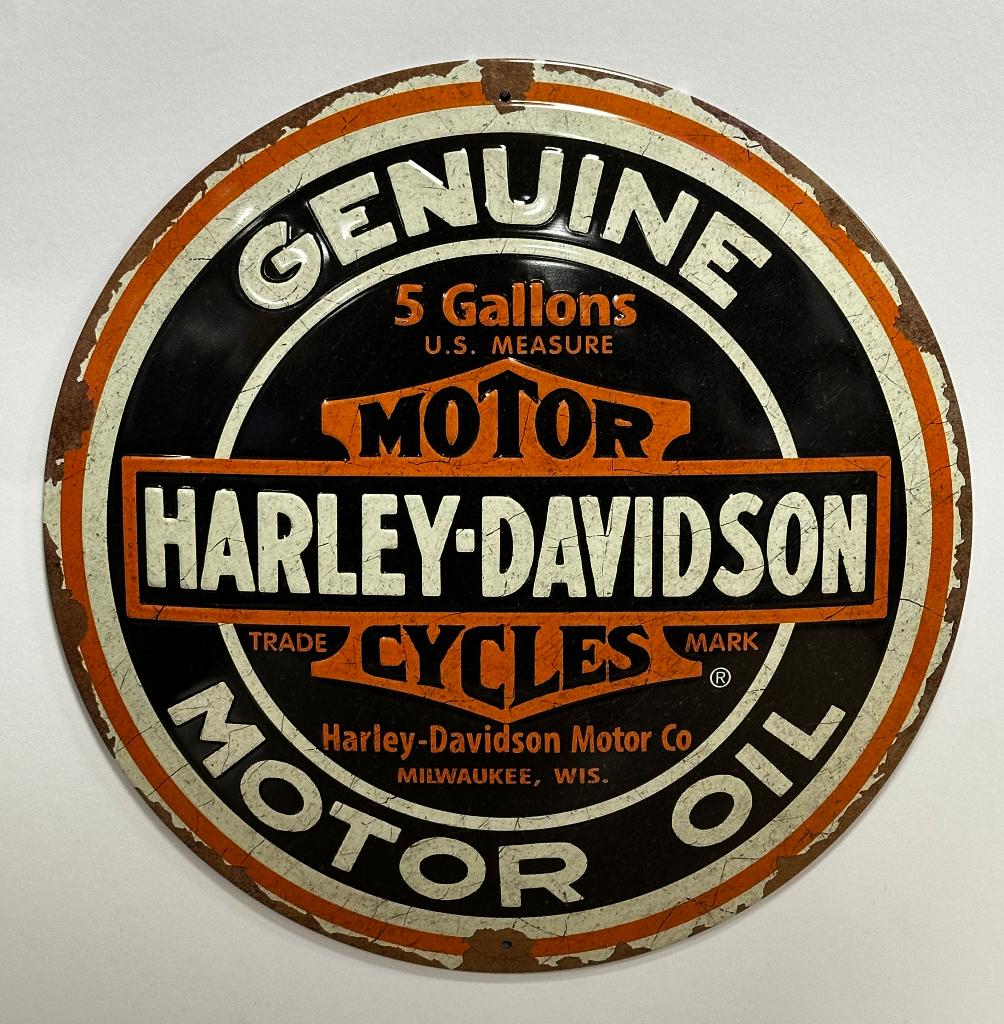 Harley Davidson motor oil rond relief reclamebord van metaal, Verzamelen, Merken en Reclamevoorwerpen, Nieuw, Reclamebord, Ophalen of Verzenden