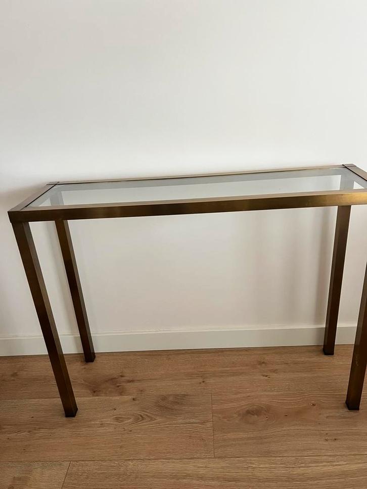 Sidetable, brons/goud kleurig metaal, glazen tafelblad, Huis en Inrichting, Tafels | Sidetables, Zo goed als nieuw, 25 tot 50 cm