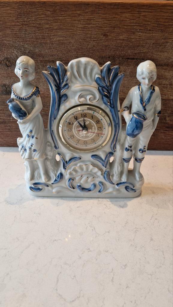 Prachtige vintage blauw/witte porseleinen schouwklok, Antiek en Kunst, Antiek | Porselein, Ophalen of Verzenden