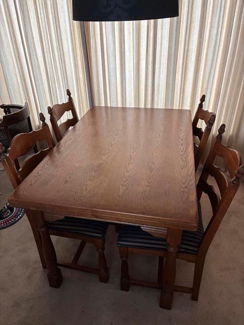 Eettafel+5 stoelen;eiken; Kleur:bruin (9 mei ophalen!), Huis en Inrichting, Complete eetkamers, Zo goed als nieuw, 4 tot 6 stoelen