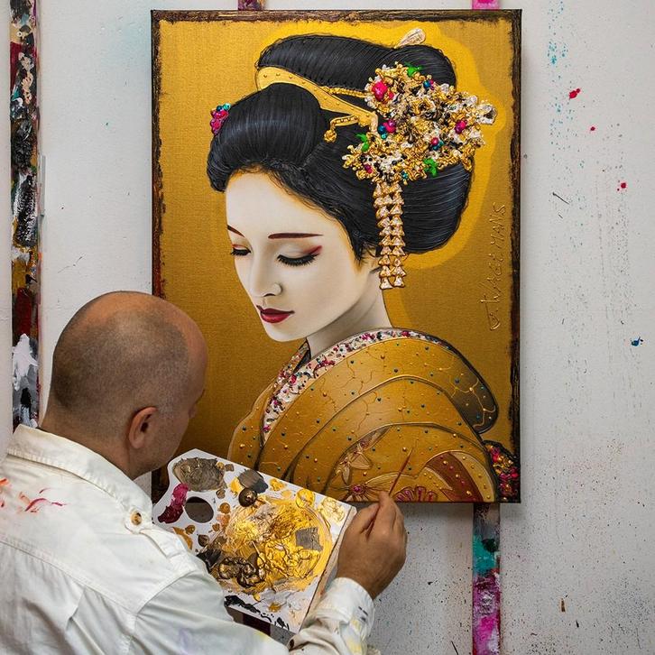 Geisha in Goud – Een Ode aan Japanse Elegantie - 100x70cm, Antiek en Kunst, Kunst | Schilderijen | Modern, Ophalen of Verzenden
