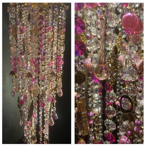 Unieke handgemaakte lamp roze, custom made plafondlamp VdlM, Huis en Inrichting, Lampen | Hanglampen, Nieuw, 75 cm of meer, Glas