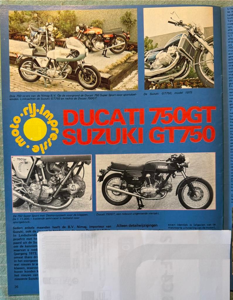 Verslag 1974 Ducati 750GT en Suzuki GT750, Ophalen of Verzenden, Zo goed als nieuw, Auto's