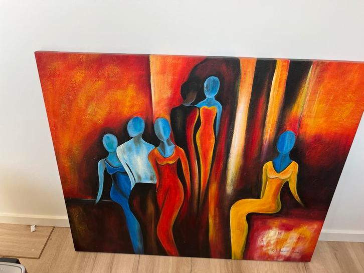 Groot Abstract Schilderij met Figuren Gesigneerd Kunstwerk C, Antiek en Kunst, Kunst | Schilderijen | Abstract, Ophalen of Verzenden