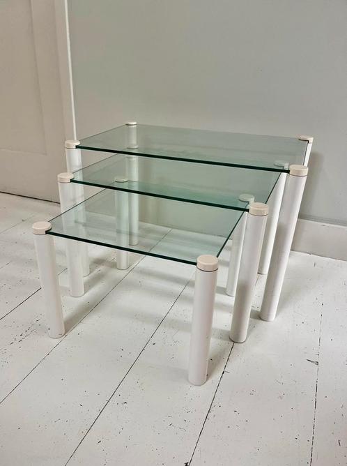 Setje 3 retro bijzettafeltjes, Huis en Inrichting, Tafels | Bijzettafels, Gebruikt, Rechthoekig, Minder dan 45 cm, Minder dan 55 cm