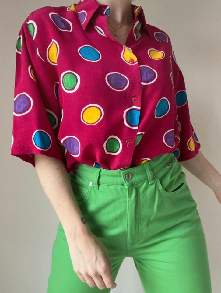 Vintage blouse met print, 38/M. Oversized unisex stip dotted, Kleding | Dames, Blouses en Tunieken, Gedragen, Maat 38/40 (M), Overige kleuren