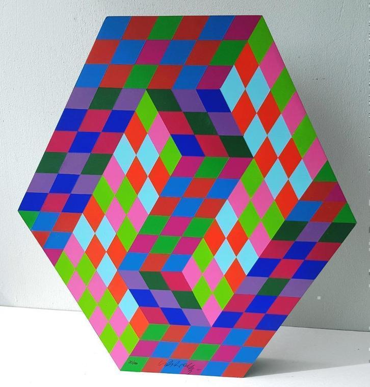 Victor Vasarely-Gestalt MC-HoutSculptuur-1980-Gesigneerd-COA, Antiek en Kunst, Kunst | Designobjecten, Ophalen of Verzenden