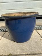 Oude blauw geglazuurde bloempot, Tuin en Terras, Ophalen of Verzenden, Gebruikt, Rond, Aardewerk