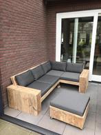 Steigerhouten hoekbank met Sunbrella kussens, Ophalen, 4 zitplaatsen, Gebruikt, Steigerhout