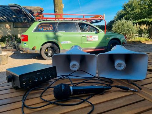 Omroepinstallatie met 2 speakers en microfoon 30W 12V, Audio, Tv en Foto, Luidsprekers, Zo goed als nieuw, Ophalen