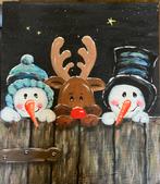 Kerst schilderij op hout - Sneeuwpop & Rendier, Nieuw, Ophalen of Verzenden, Schilderij, 75 tot 100 cm