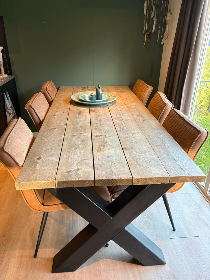 Houten eettafel met 6 stoelen, Huis en Inrichting, Tafels | Eettafels, Zo goed als nieuw, 100 tot 150 cm, 200 cm of meer, Vijf personen of meer