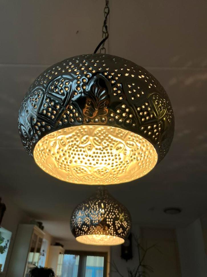 Twee Oosterse hanglampen incl. dimbare lampen, Huis en Inrichting, Lampen | Plafondlampen, Zo goed als nieuw, Metaal, Ophalen of Verzenden