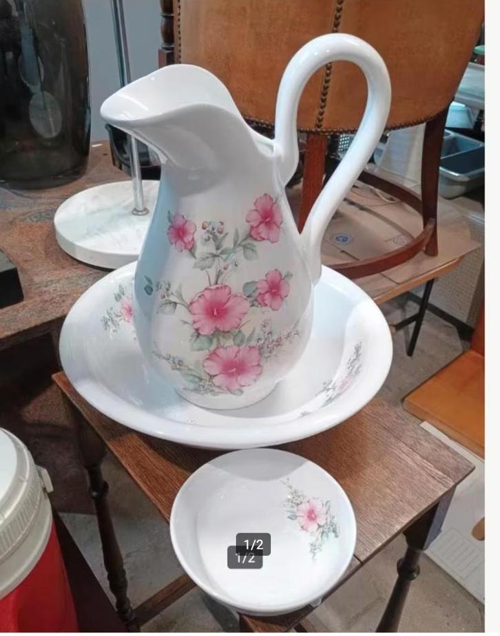 vintage lampetstel - lampetkan, waskom en  zeepbakje., Antiek en Kunst, Curiosa en Brocante, Ophalen