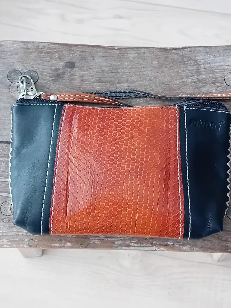 Portemonnee makeup tas zwart leer en cognacbruin slangenleer, Overige merken, Verzenden, Zwart, Nieuw