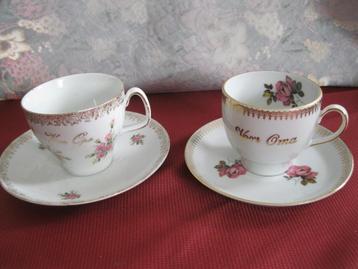 Opa en oma kop en schotel beschikbaar voor biedingen