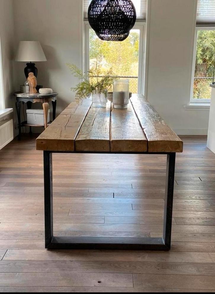 Stoere eettafel, uniek bovenblad, Huis en Inrichting, Tafels | Eettafels, Zo goed als nieuw, 50 tot 100 cm, 200 cm of meer, Rechthoekig