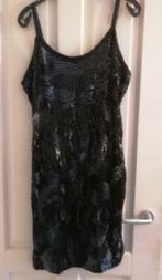 Vintage feestelijk zwart pailletten jurk 100% zijde L 34353, Gedragen, Maat 42/44 (L), Vintage, Ophalen of Verzenden
