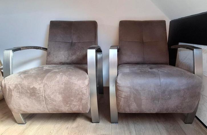 Industriële Fauteuils (2 stuks), Huis en Inrichting, Fauteuils, Gebruikt, Metaal, Stof, 50 tot 75 cm, 75 tot 100 cm, Ophalen
