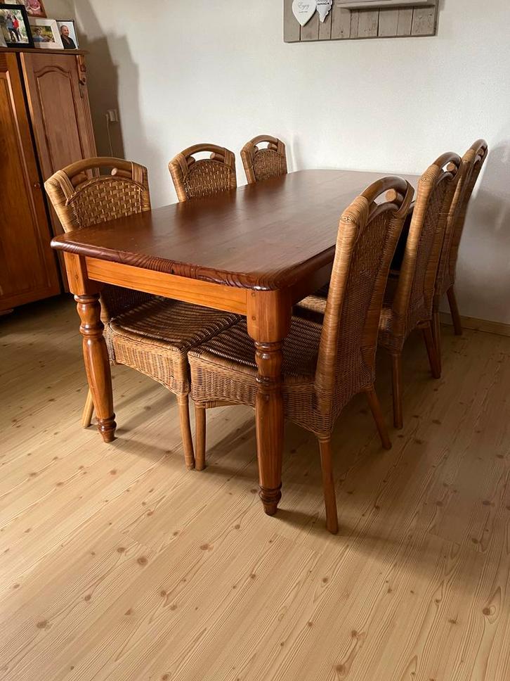 Grenen Tafel + 6 Stoelen, Huis en Inrichting, Tafels | Eettafels, Gebruikt, 100 tot 150 cm, 150 tot 200 cm, Vijf personen of meer