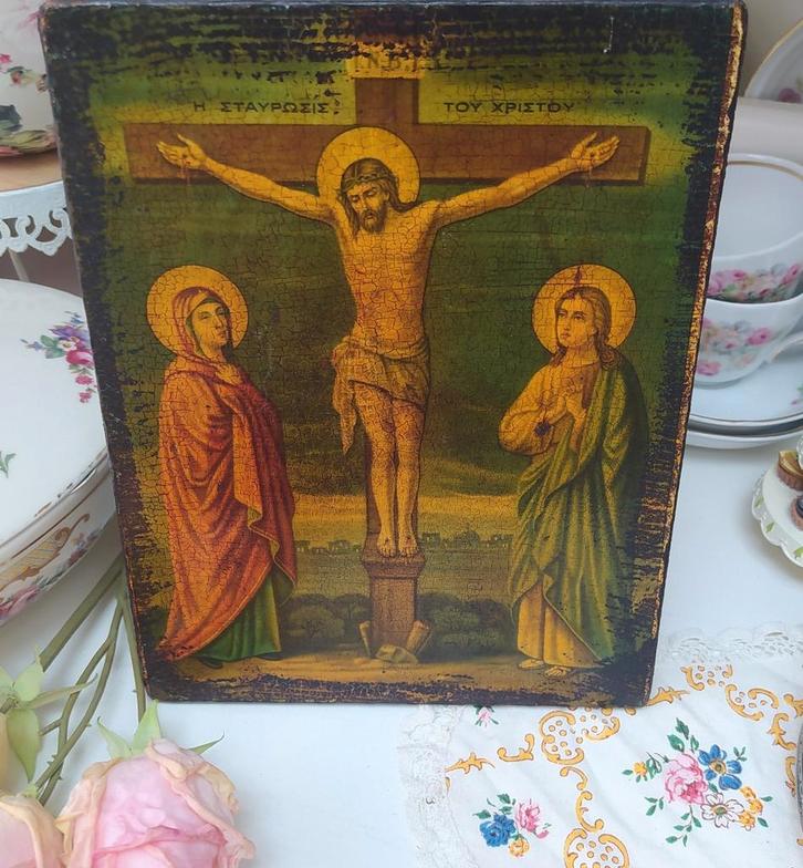 Vintage religieuze afbeelding op hout, Antiek en Kunst, Curiosa en Brocante, Ophalen of Verzenden