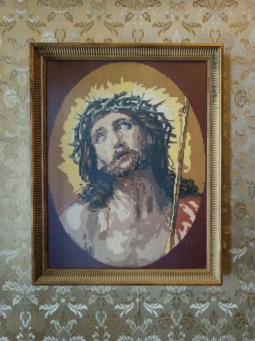 Borduurwerk jezus christus vintage schilderij in lijst beschikbaar voor biedingen