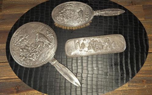 Verzilverde borstel kaptafel set spiegel antiek, Antiek en Kunst, Antiek | Goud en Zilver, Ophalen of Verzenden