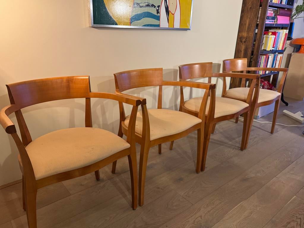 Set van 4 art nouveau stoelen, Huis en Inrichting, Stoelen, Gebruikt, Vier, Hout, Stof, Bruin, Ophalen