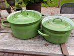 Brocante set grote reseda groene emaille pannen, Ophalen of Verzenden