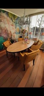 Mooie eettafel met licht fineerblad met stalen kruispoot., Huis en Inrichting, Gebruikt, 100 tot 150 cm, Klassiek, 200 cm of meer