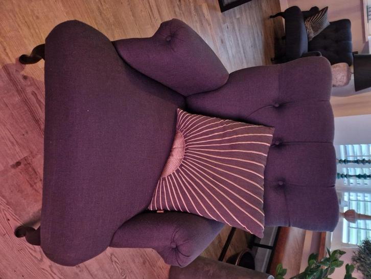 Fauteuil donkerblauw stijlvol landelijk., Huis en Inrichting, Fauteuils, Zo goed als nieuw, Hout, Stof, 75 tot 100 cm, 75 tot 100 cm