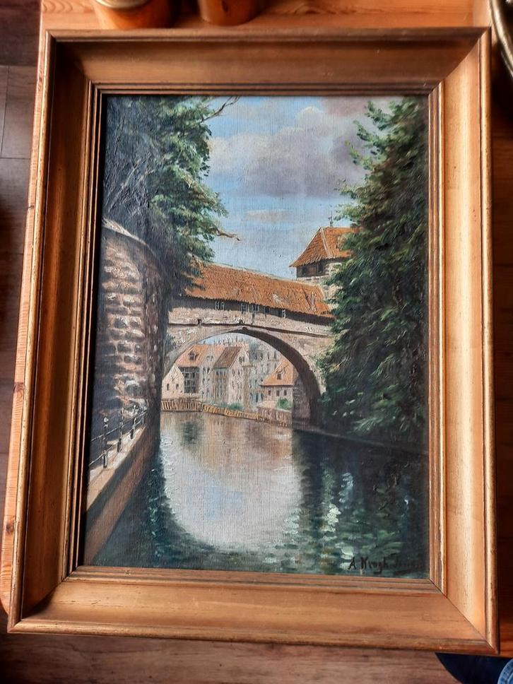 Schilderij: Brug over water, gesigneerd, Antiek en Kunst, Kunst | Schilderijen | Klassiek, Ophalen