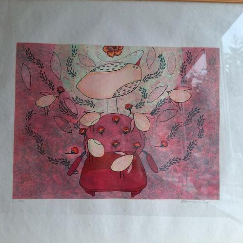 Ellen van Toor Vogelstoel gesigneerd in mooie lijst, Antiek en Kunst, Kunst | Litho's en Zeefdrukken, Ophalen