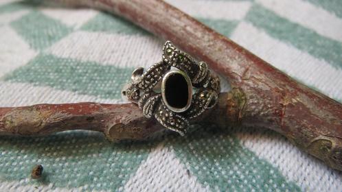 Antieke ring, 925 zilver, onyx, marcasiet, 17mm, apart, Sieraden, Tassen en Uiterlijk, Antieke sieraden, Ring, Zilver, Met edelsteen