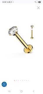 2x Intern geschroefde massief titanium labret met kristal, Ophalen of Verzenden, Nieuw, Goud, Lip- of Labretpiercing