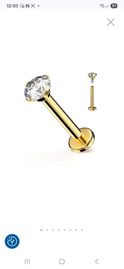 2x Intern geschroefde massief titanium labret met kristal, Sieraden, Tassen en Uiterlijk, Piercings, Nieuw, Lip- of Labretpiercing