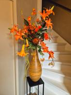 Hoge houten bamboe vaas met real touch boeket zijde bloemen, Ophalen, Zo goed als nieuw